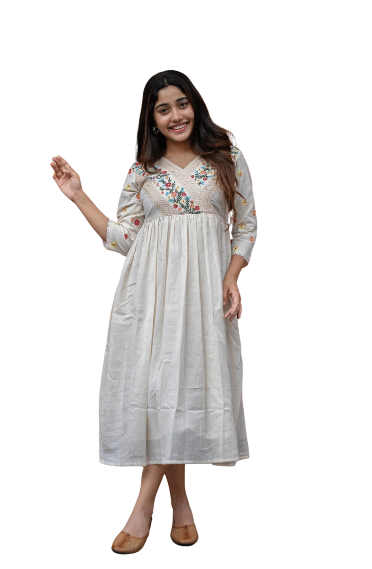 Artfully Adorned – Women's XXL Dress in Cotton with Floral Embroidery(M)